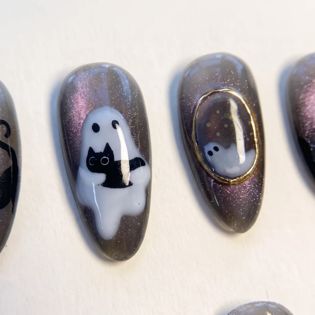 Dark Purple Ghost And Black Cat, Almond Press On Nails, Cute Halloween Party