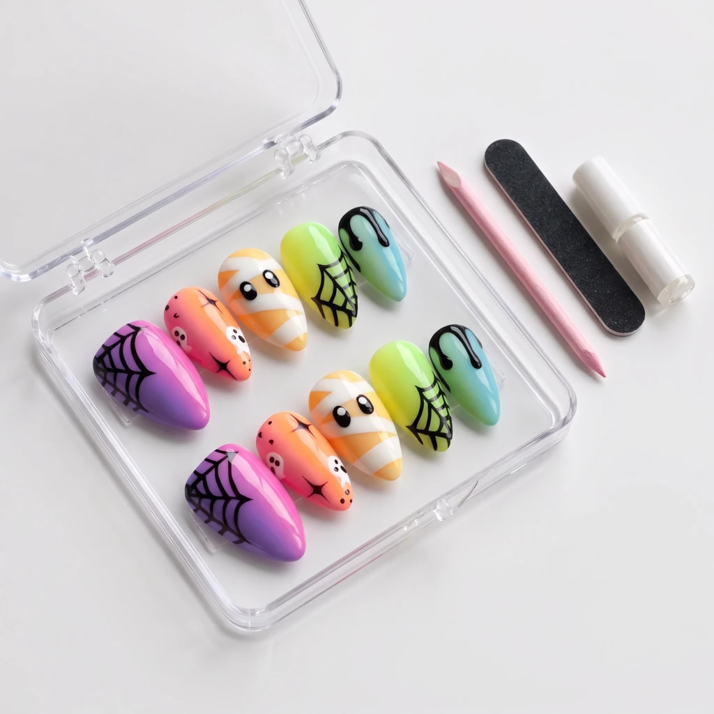 Colorful Spooky Halloween Ghost Mummy Art, Almond Press On Nails, Party Wear