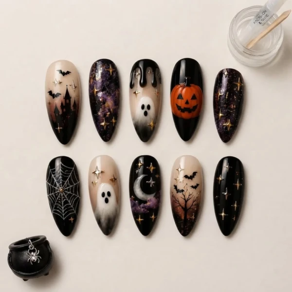 Black Spooky Halloween Ghost Press On Nails, Almond Style, Costume Party