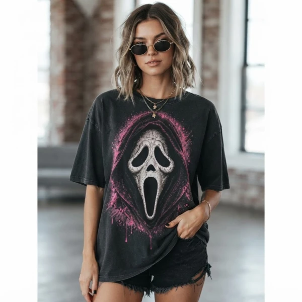 Ghostface Pink Paint Splatter Mask Design, Oversized Tee, Spooky Goth Halloween