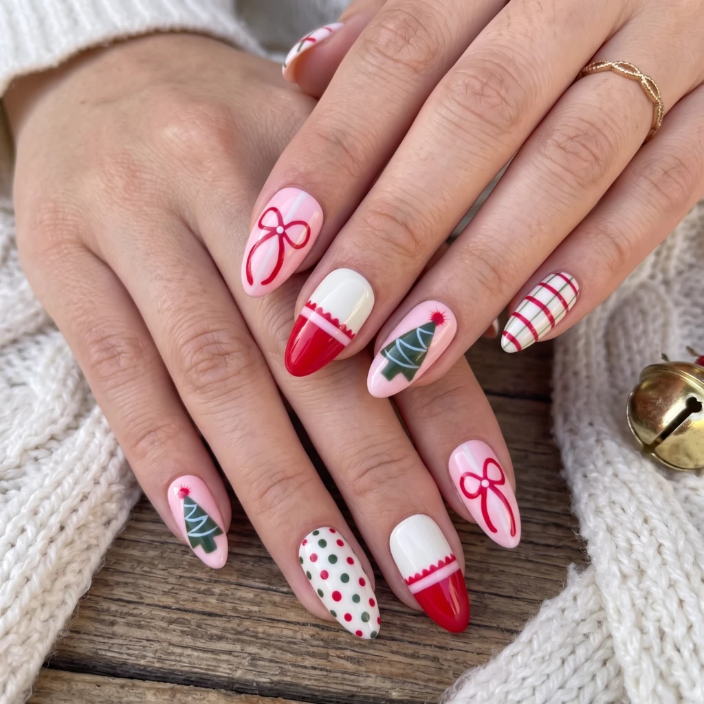 Pink And Red Holiday Tree Nails, Short Almond, Christmas Party Manicure