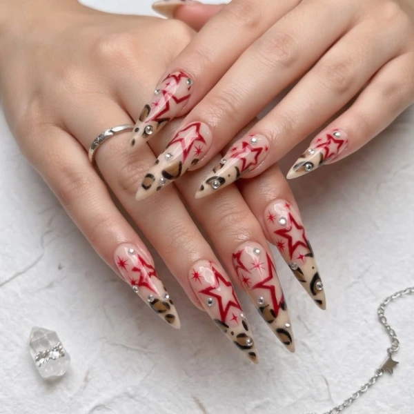Nude Red Star Leopard Print Design, Y2K Stiletto Press On Nails, For Party Wear