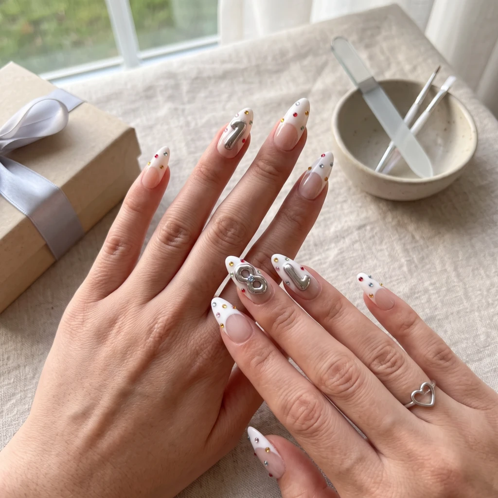 White French 3D Silver Number Gems, Glamorous Press On Nails, Birthday Present