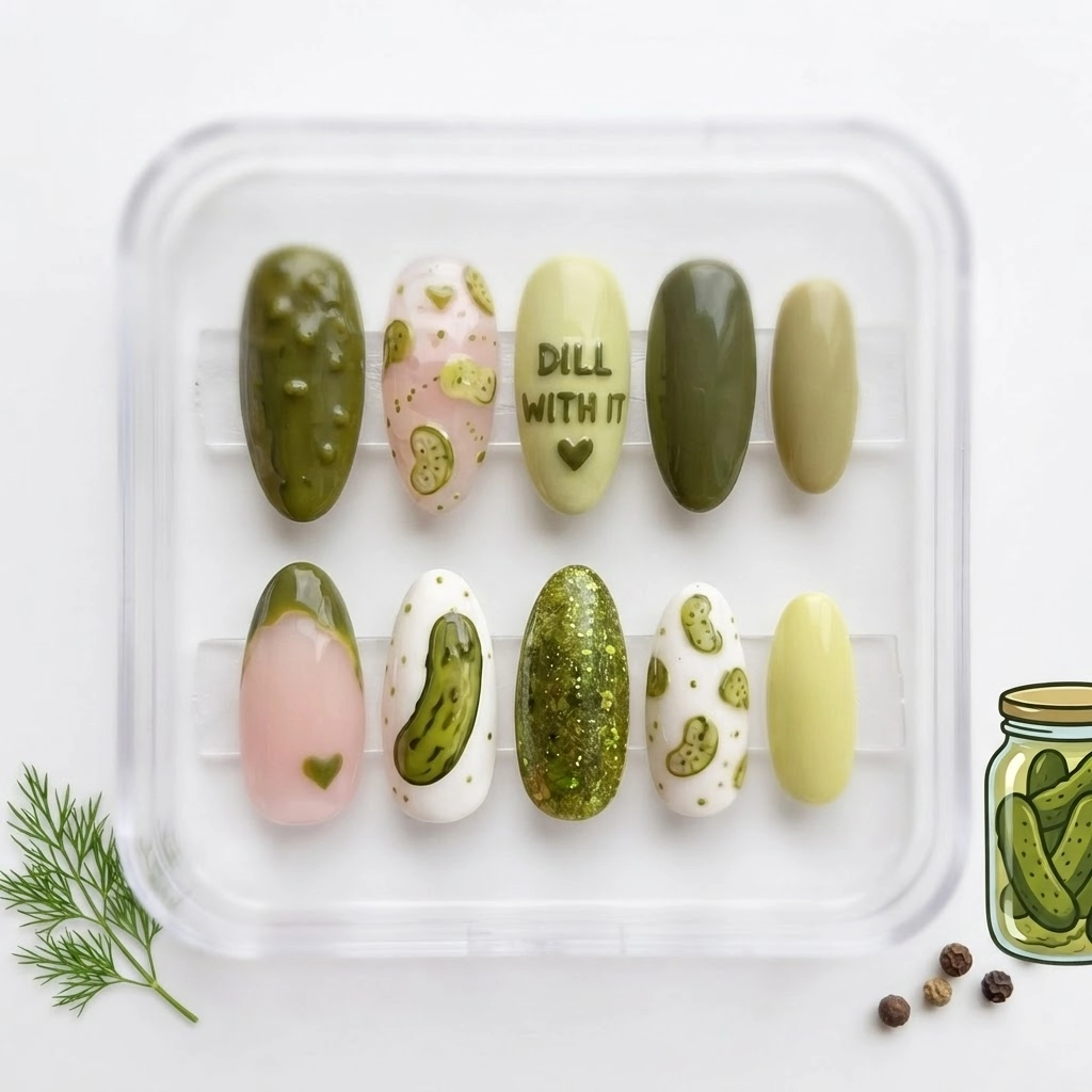 Green Pickle Food Art, Handmade Press On Nails, Cute Funny Everyday Wear