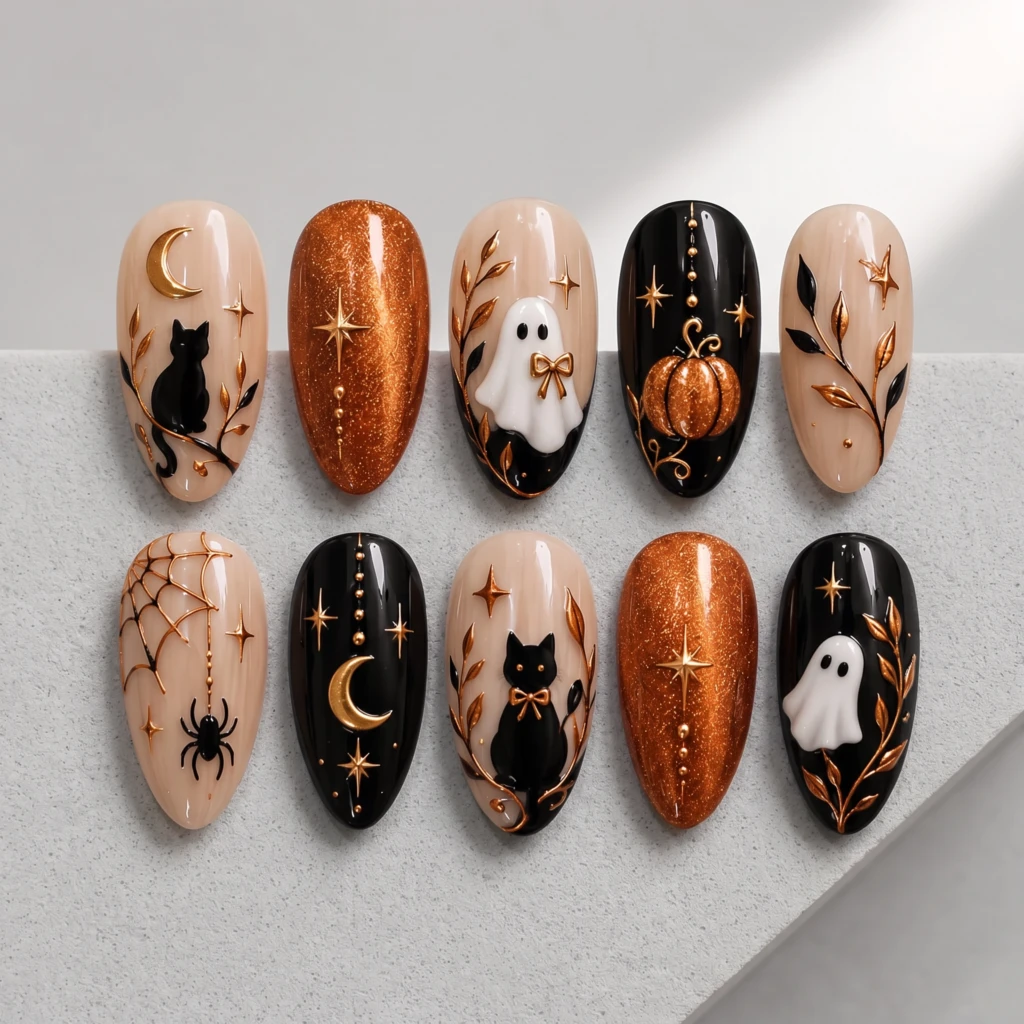 Black Copper Ghost And Pumpkin Art, Almond Press On Nails, Halloween Party