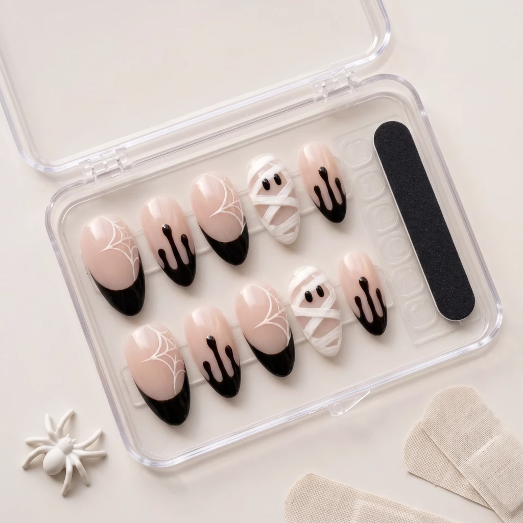 Black Mummy And Spiderweb Tips, Almond Press On Nails, Halloween Party Gift
