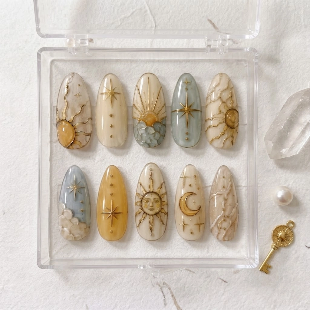 Gold Beige Celestial Sun Moon Design, Press On Nails, Special Occasions