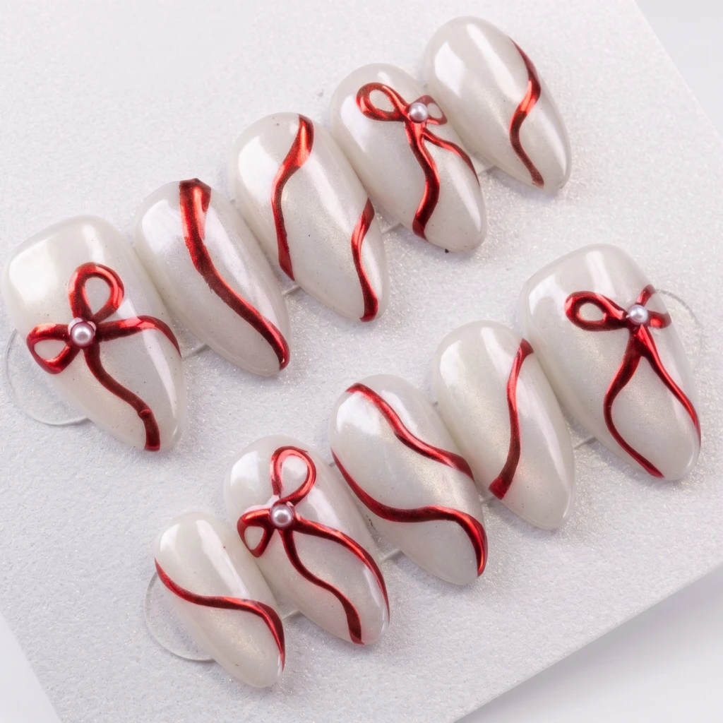 White Chrome Metallic Red Bows, Almond Press On Nails, Elegant Holiday Gift