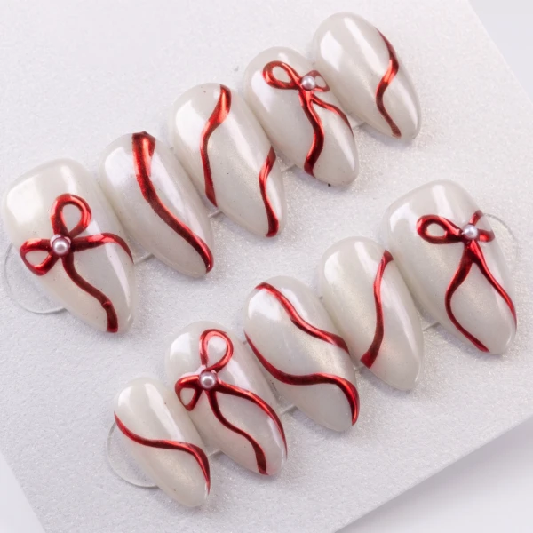 White Chrome Metallic Red Bows, Almond Press On Nails, Elegant Holiday Gift