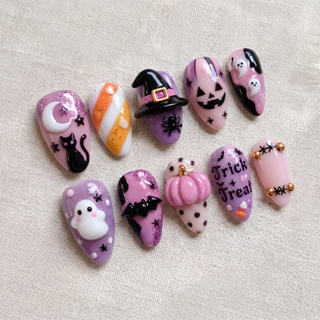 Pink And Purple 3D Trick Or Treat, Press On Nails, Halloween Costume Party
