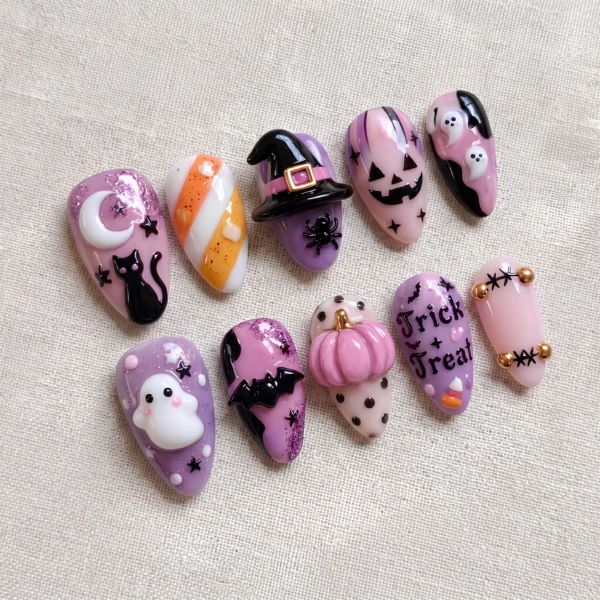 Pink And Purple 3D Trick Or Treat, Press On Nails, Halloween Costume Party