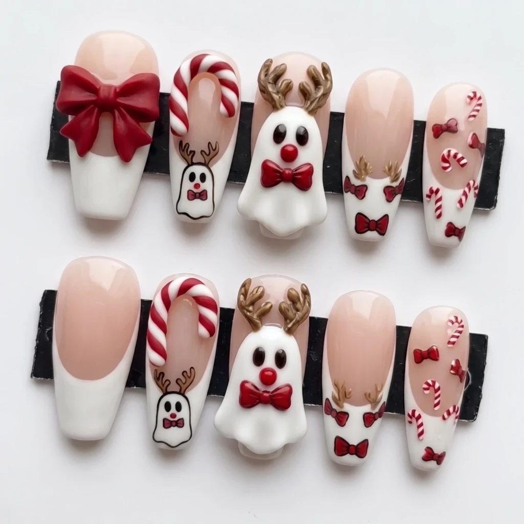 Red And White 3D Reindeer Ghost Art, Coffin Press On Nails, Christmas Party