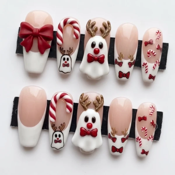 Red And White 3D Reindeer Ghost Art, Coffin Press On Nails, Christmas Party