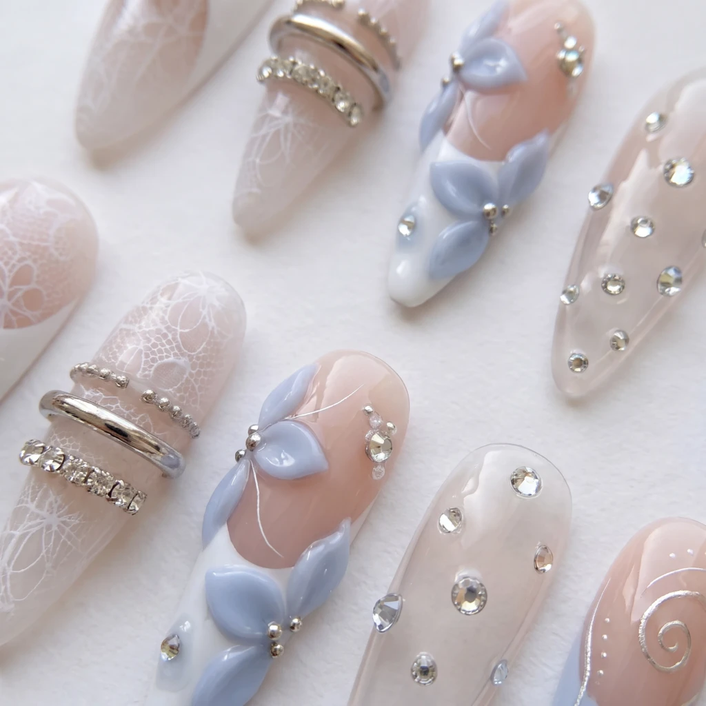Blue Lace Floral Rhinestone Accents, Press On Nails, Bridal Wedding Wear