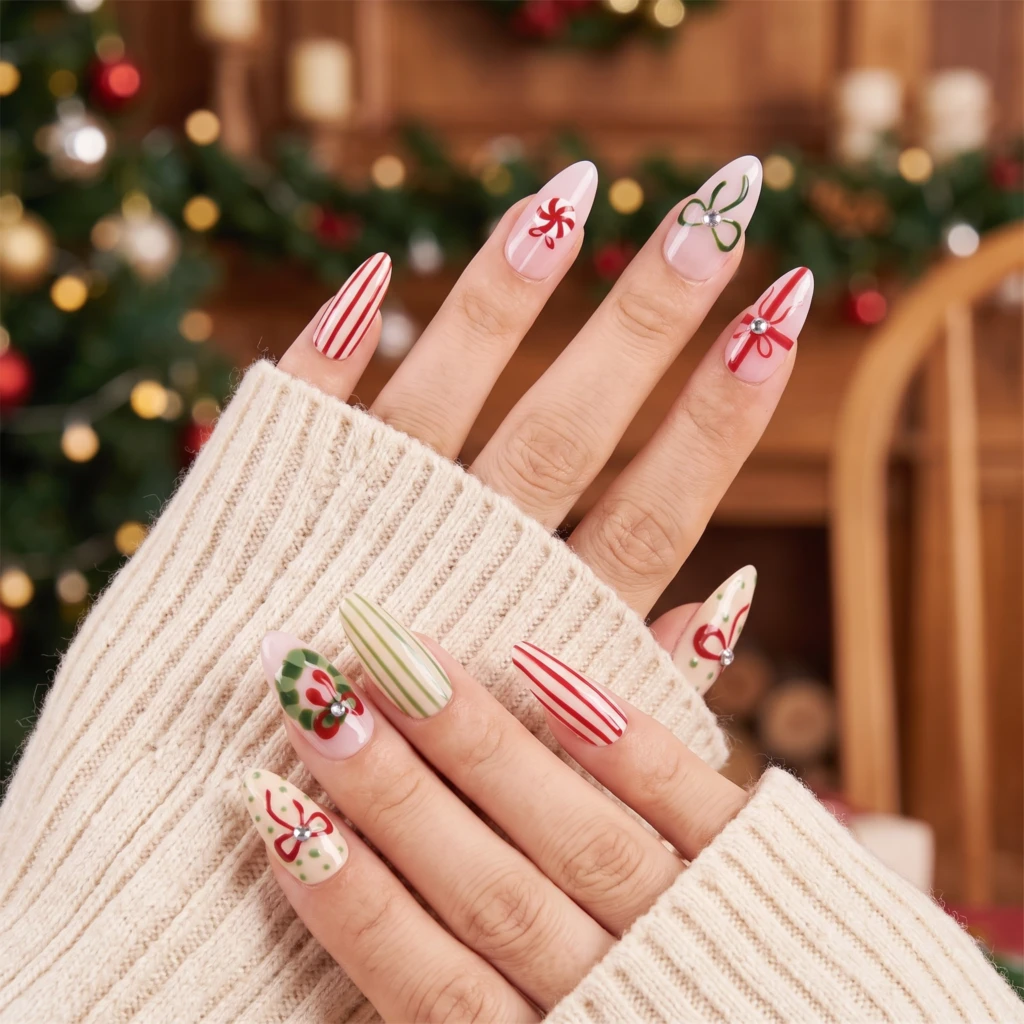 Red And Green Christmas Wreath Bow, Almond Press On Nails, Holiday Party