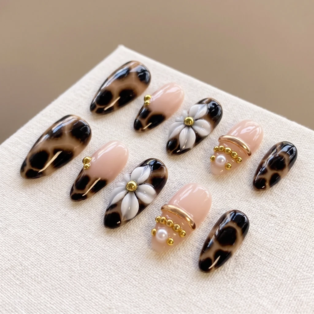 Brown Tortoise Shell 3D Flower Pearls, Long Almond Nails, Fall Party Glam