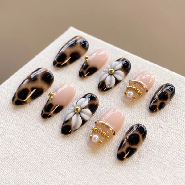 Brown Tortoise Shell 3D Flower Pearls, Long Almond Nails, Fall Party Glam