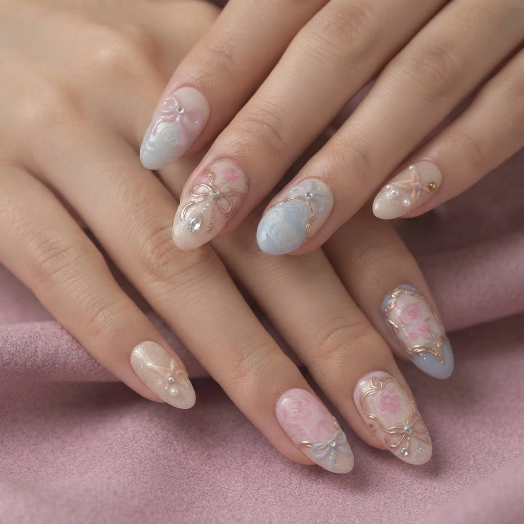 Pink Floral Rose Vintage Bow Design, Almond Press On Nails, For Wedding Gift