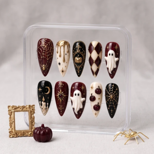 Burgundy Ghost And Pumpkin Design, Gothic Press On Nails, Halloween Party Wear
