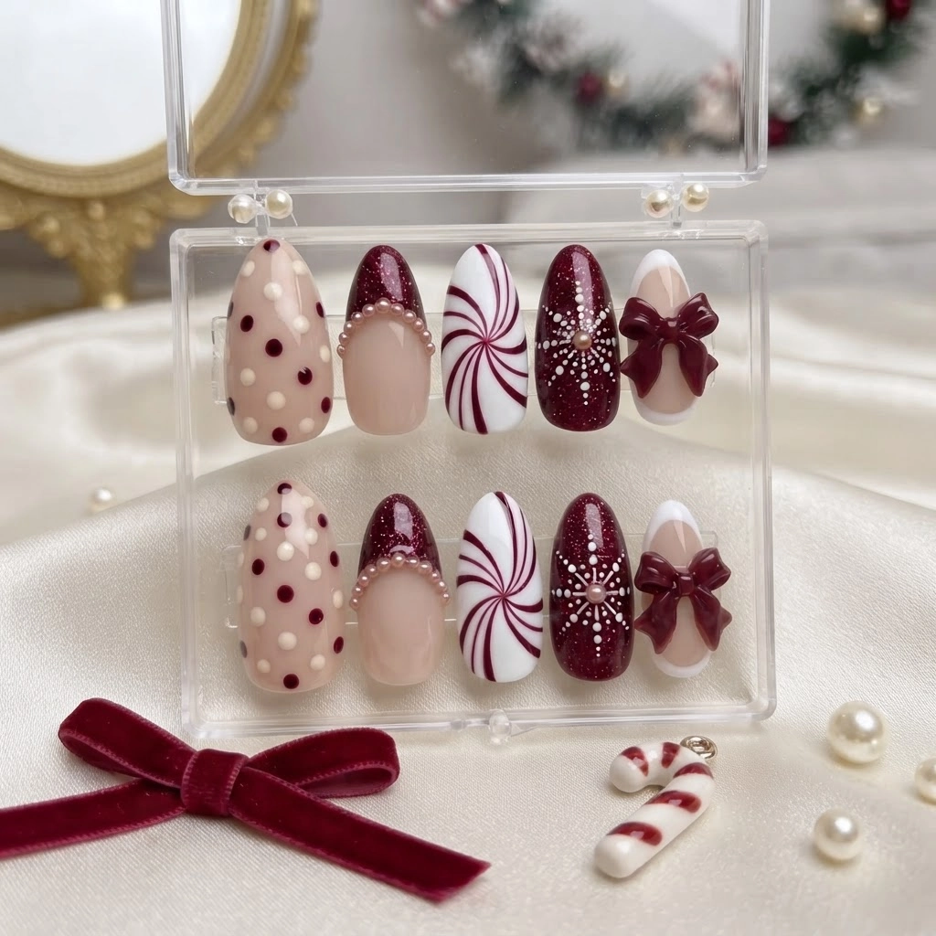Burgundy Christmas Bow & Candy Swirl, Press On Nails, Holiday Party Glam