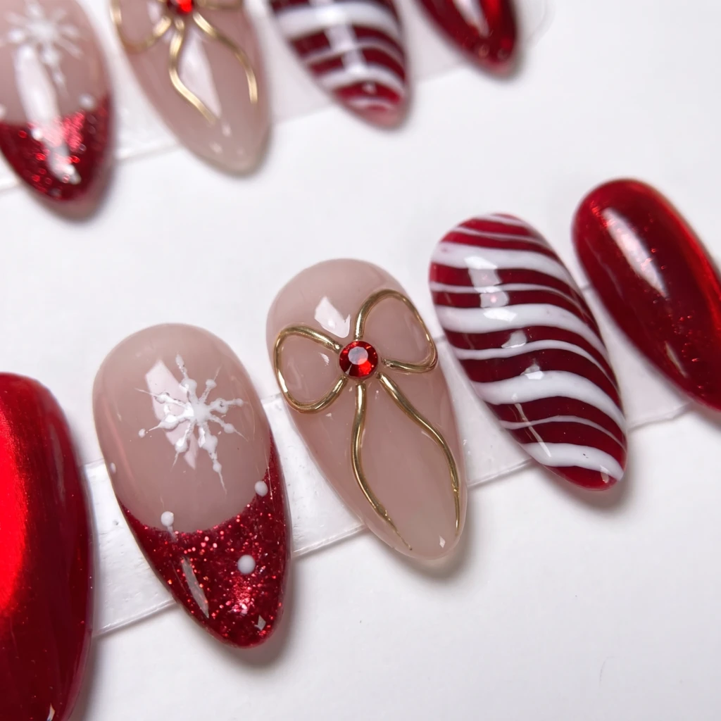 Red Snowflake And Candy Cane, Almond Press On Nails, Christmas Holiday Gift
