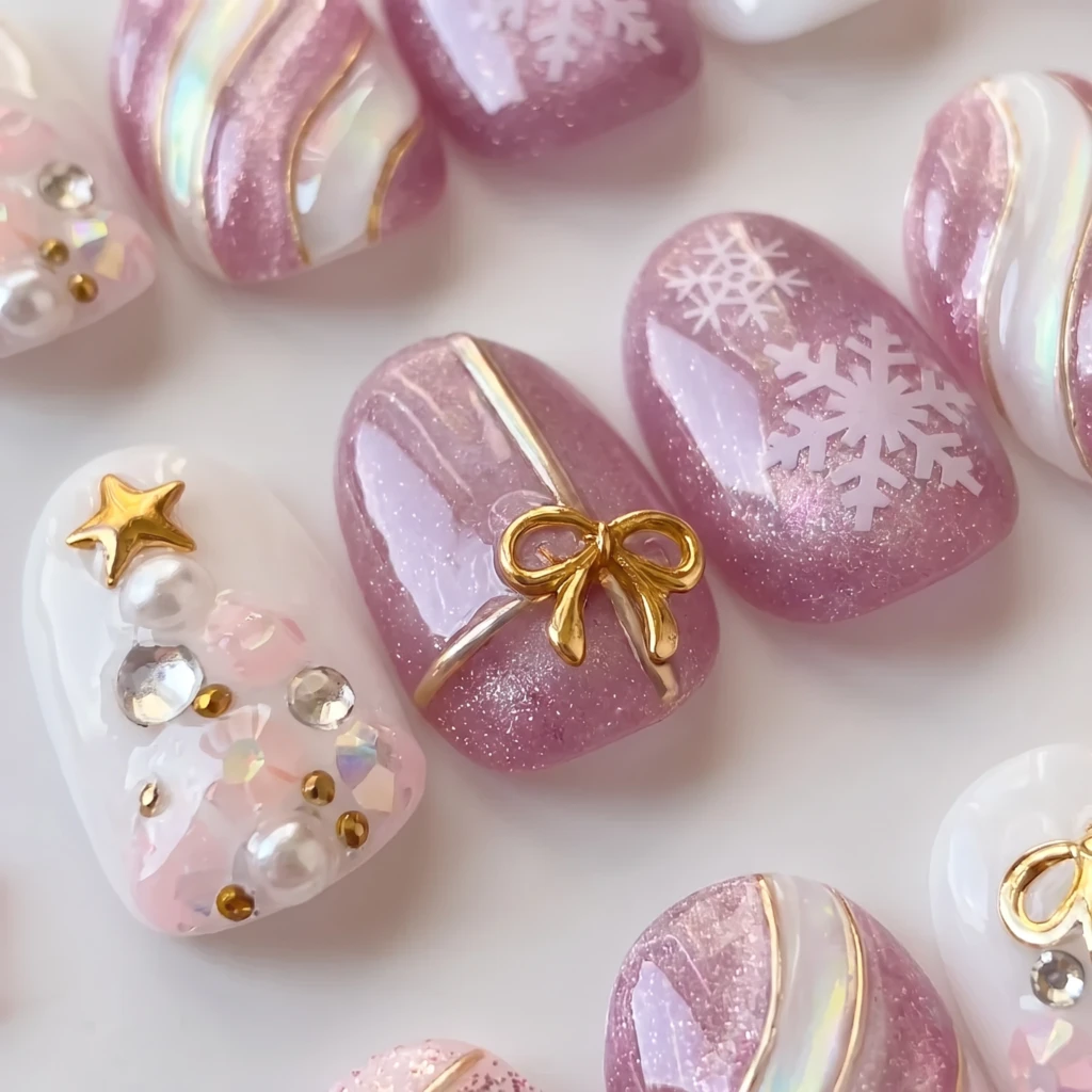 Pink And White Snowflake Bow, Almond Press On Nails, Christmas Gift For Her