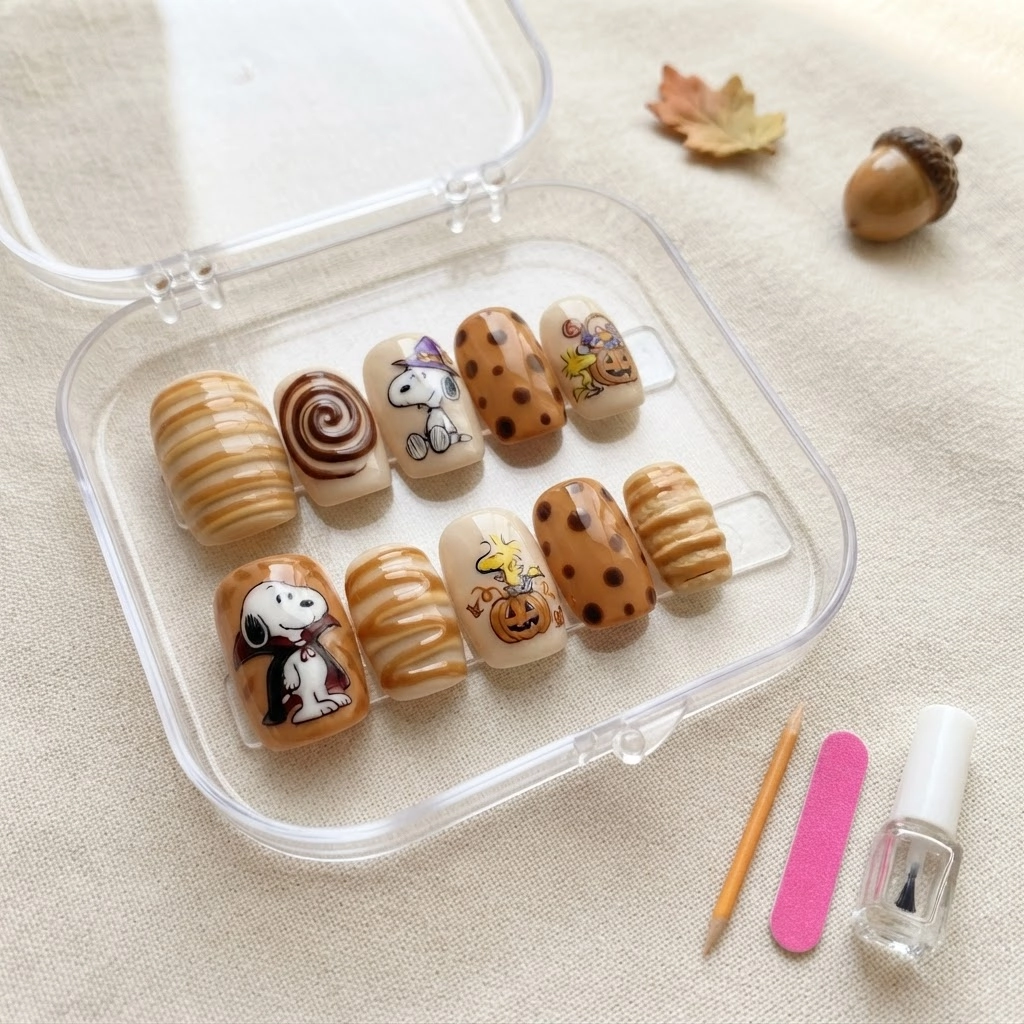 Caramel Snoopy Halloween Accents Press On Nails, Reusable Autumn Gift