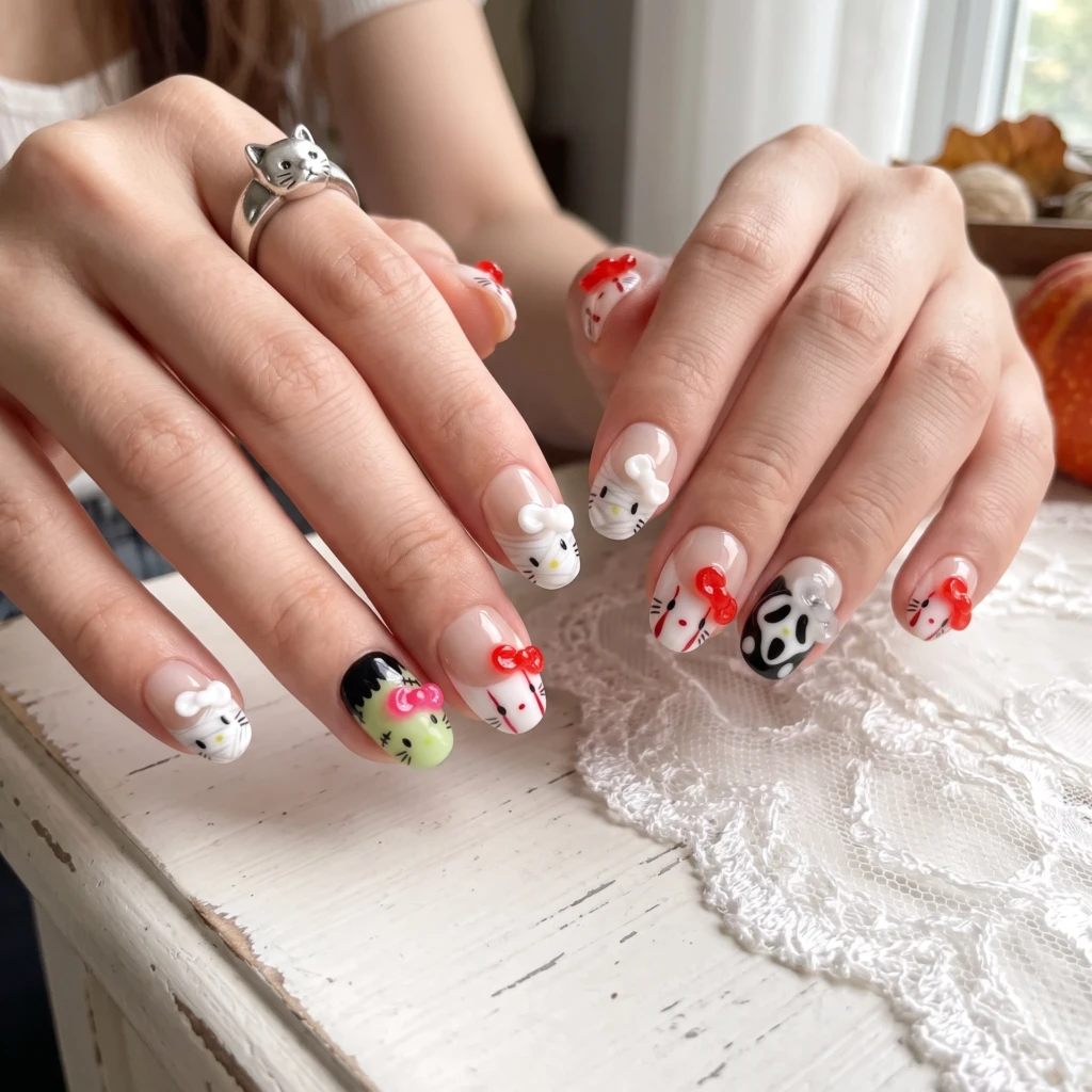 Multicolor Horror Kitty With 3D Bows, Gel Press On Nails, Halloween Gifts