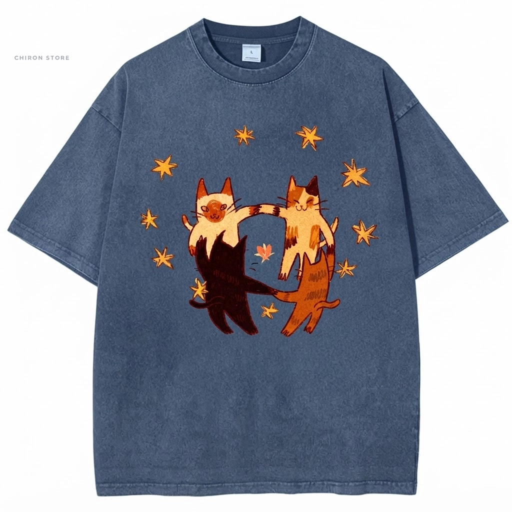 Dancing Cats Star Circle Washed Design, Comfort Colors Tee, Pepper Cat Gift