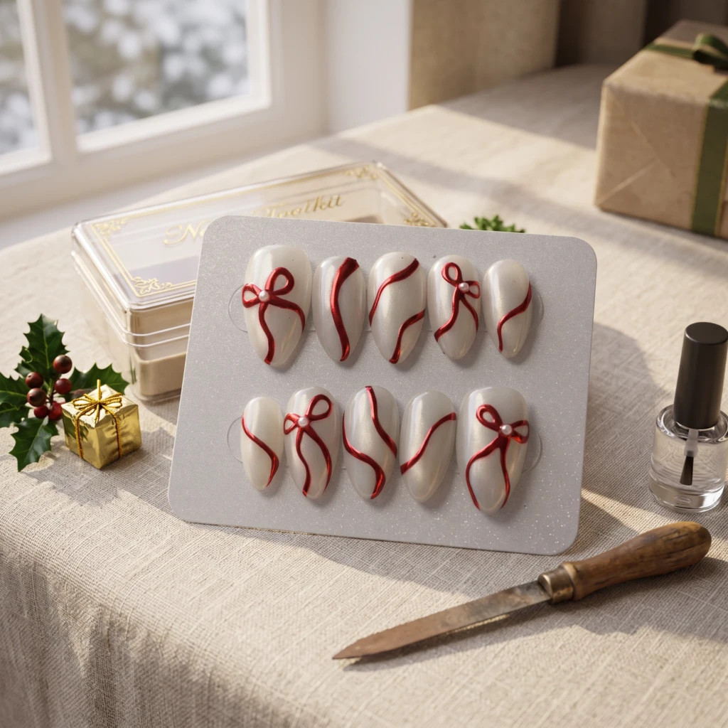White Chrome Metallic Red Bows, Almond Press On Nails, Elegant Holiday Gift