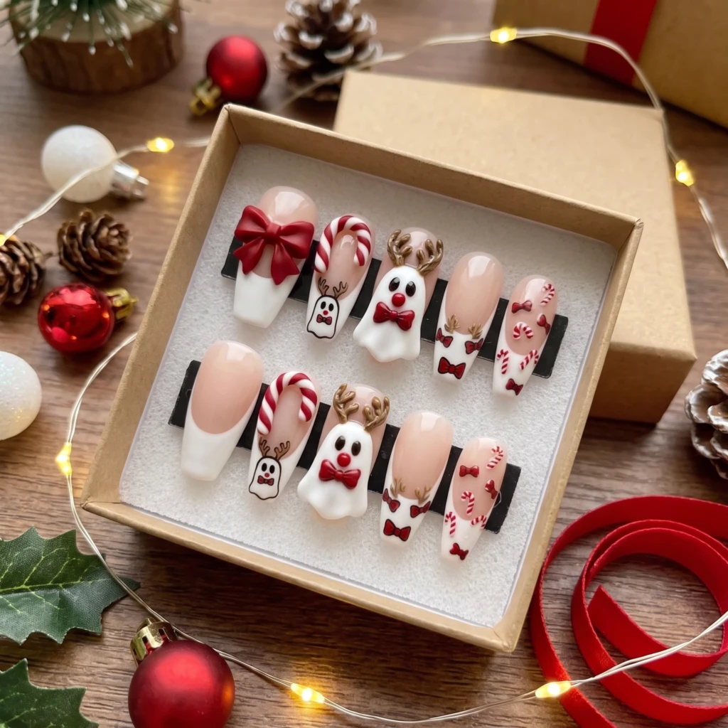 Red And White 3D Reindeer Ghost Art, Coffin Press On Nails, Christmas Party