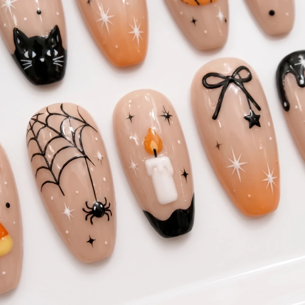 Nude Ghost Pumpkin Cat Art, Handmade Press On Nails, Halloween Party Wear