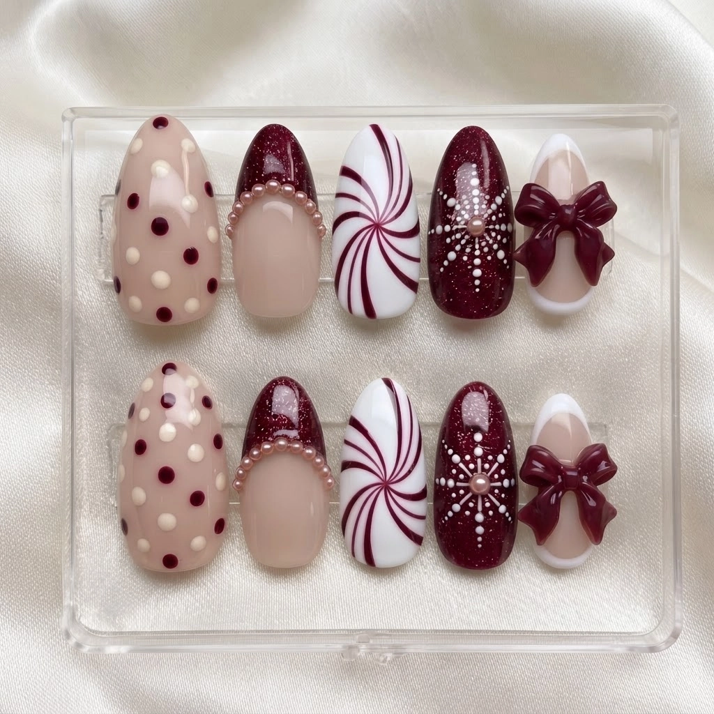Burgundy Christmas Bow & Candy Swirl, Press On Nails, Holiday Party Glam