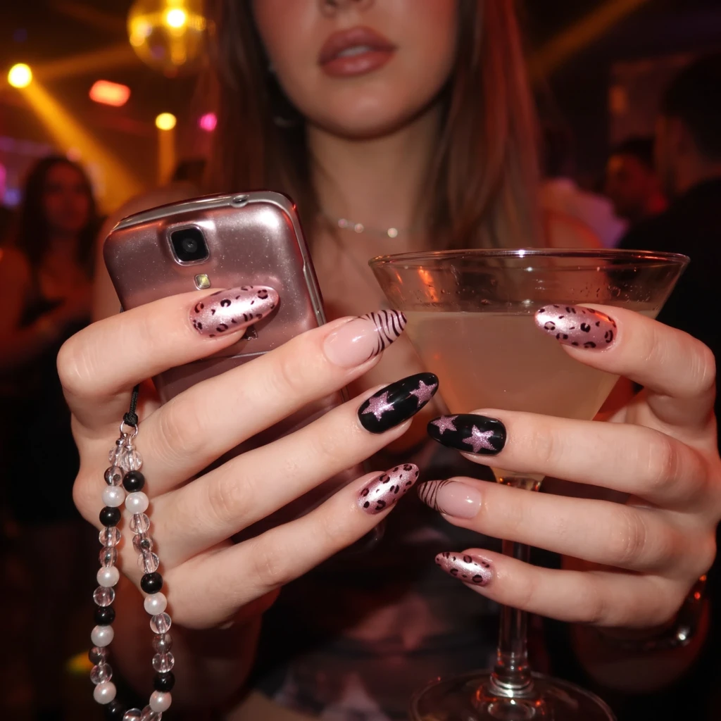 Pink Leopard Star Zebra Design, Y2K Press On Nails, Night Party Gift Idea