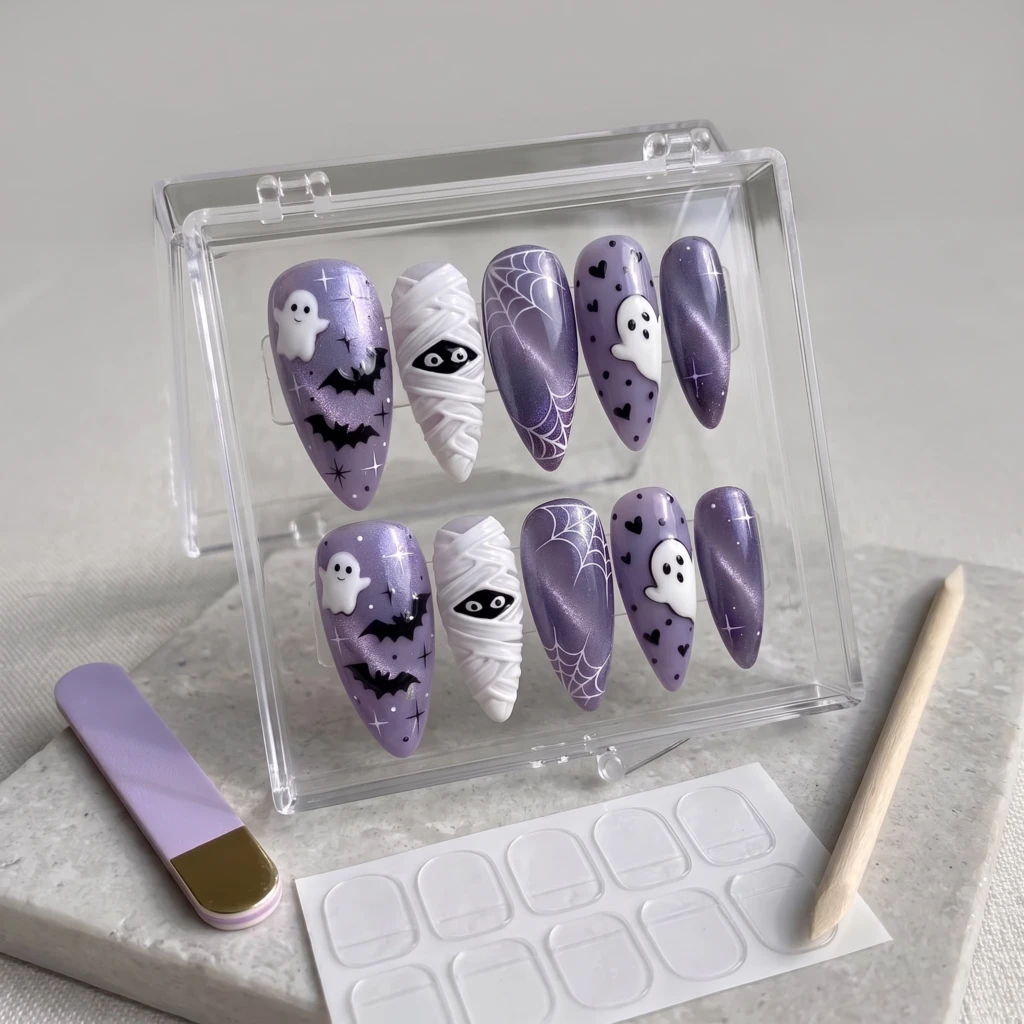 Purple Ghost Mummy Bat Press-On Nails, Halloween Party Set
