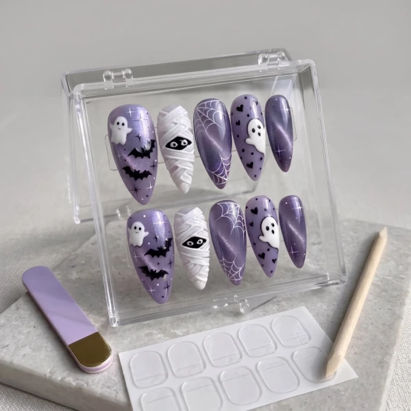 Purple Ghost Mummy Bat Press-On Nails, Halloween Party Set