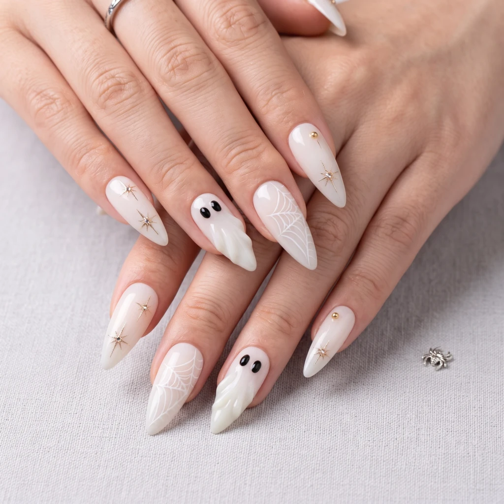 White Ghost And Spider Web Art, Press On Nails, Halloween Party Manicure