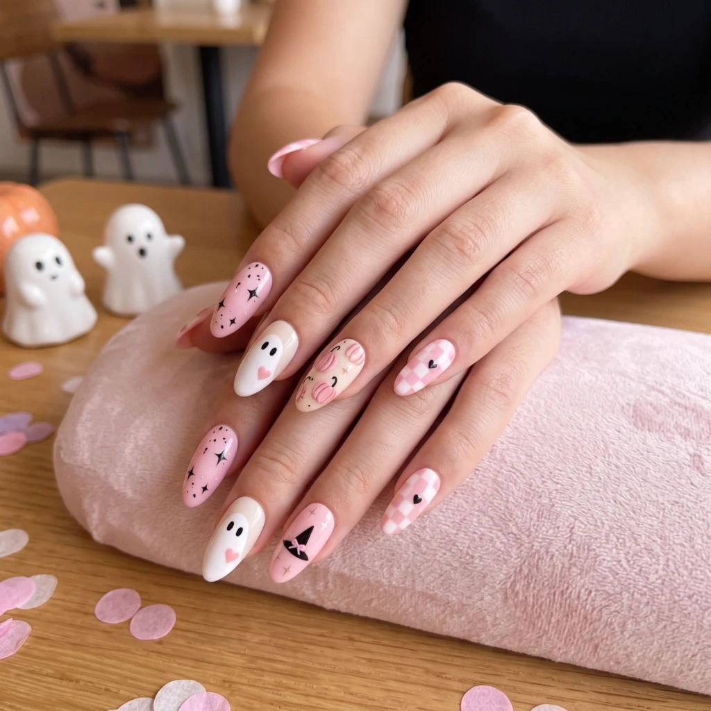 Pink Ghost Pumpkin Art, Coquette Press On Nails, Cute Halloween Party Gift