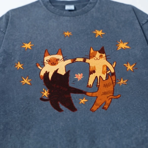 Dancing Cats Star Circle Washed Design, Comfort Colors Tee, Pepper Cat Gift