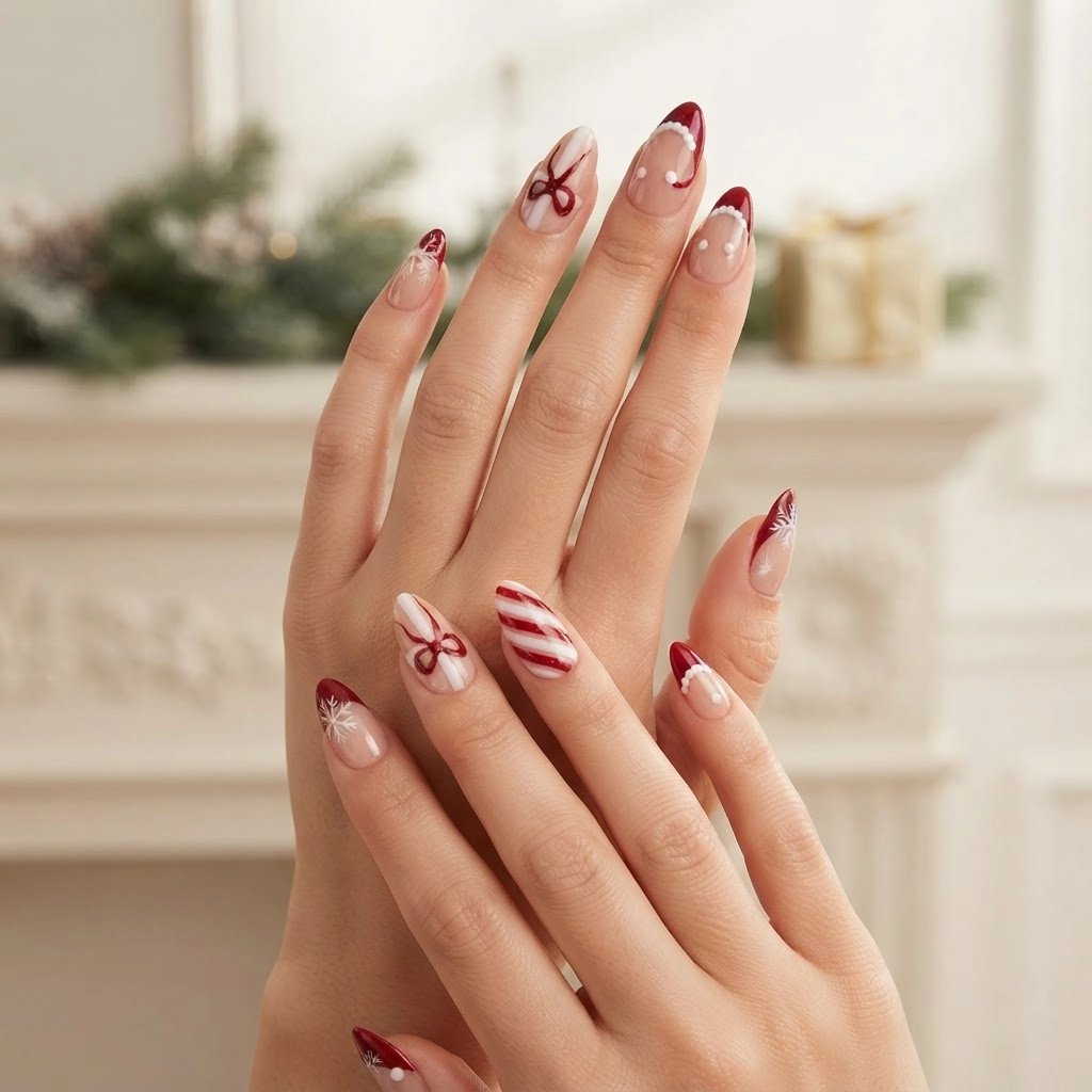 Red White Snowflake Bow Design, Handmade Press-On Nails, Christmas Holiday