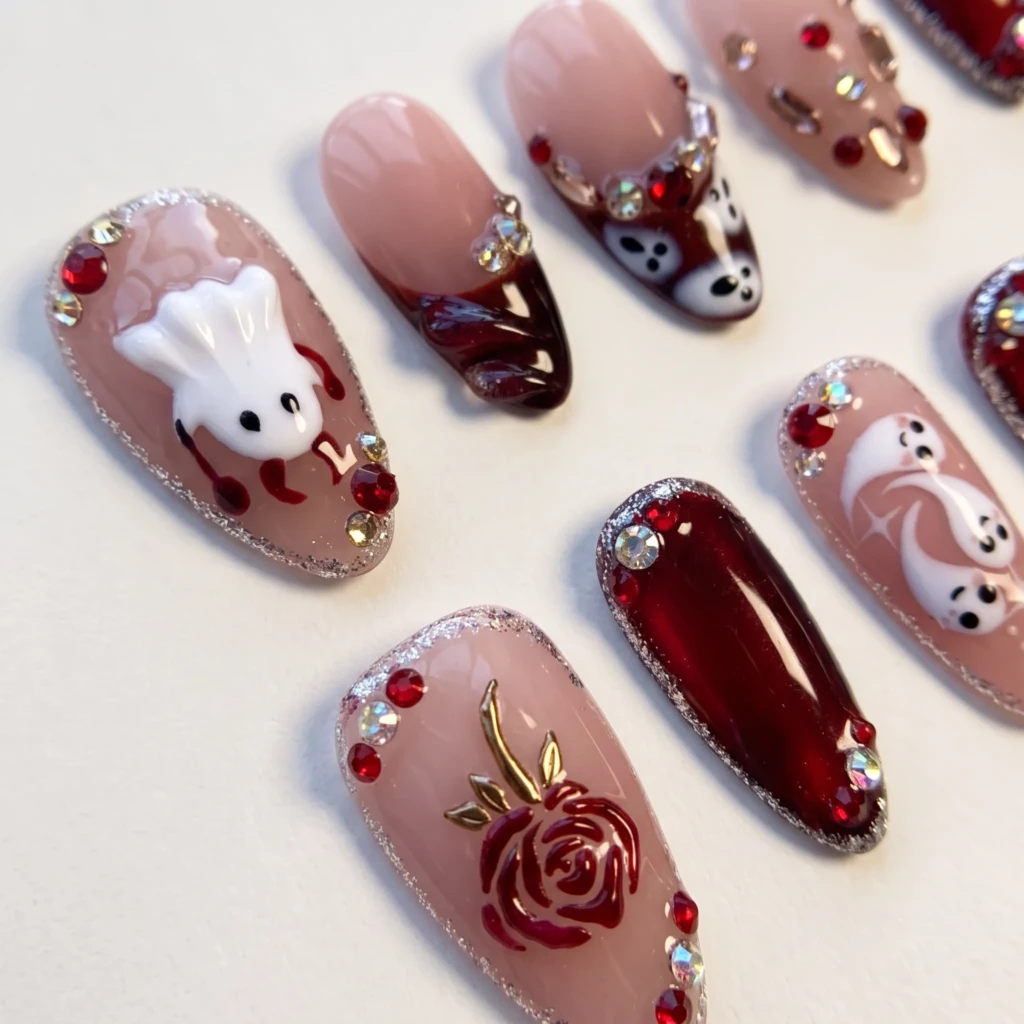 Wine Red Ghost Bunny And Rose, Almond Press On Nails, For Halloween Parties