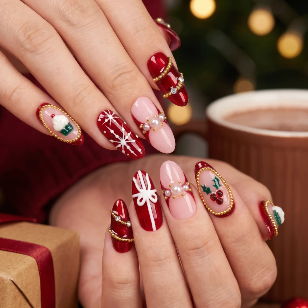 Red And Pink Christmas Accents, Almond Press On Nails, Holiday Party Look
