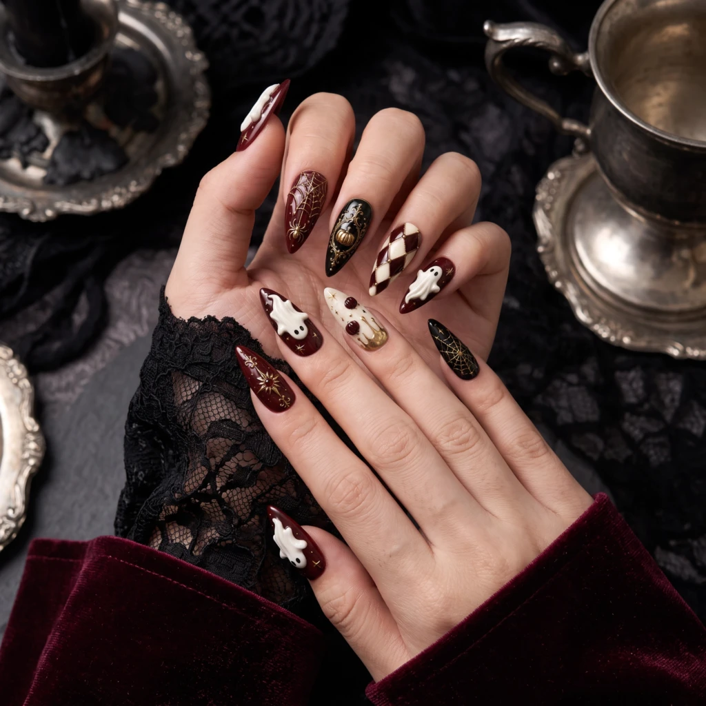 Burgundy Ghost And Pumpkin Design, Gothic Press On Nails, Halloween Party Wear