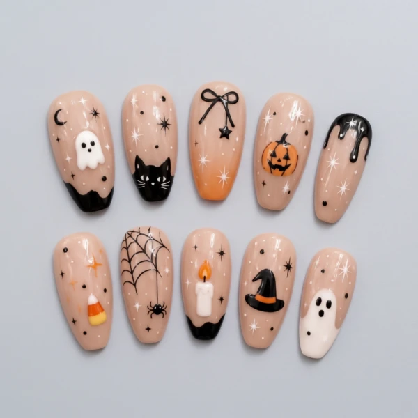 Nude Ghost Pumpkin Cat Art, Handmade Press On Nails, Halloween Party Wear