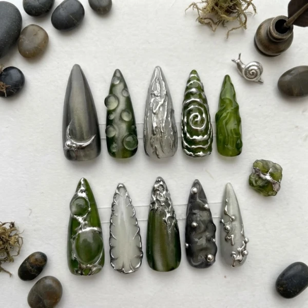 Green Chrome Gothic 3D Metallic, Long Stiletto Nails, Dark Fairycore Gift