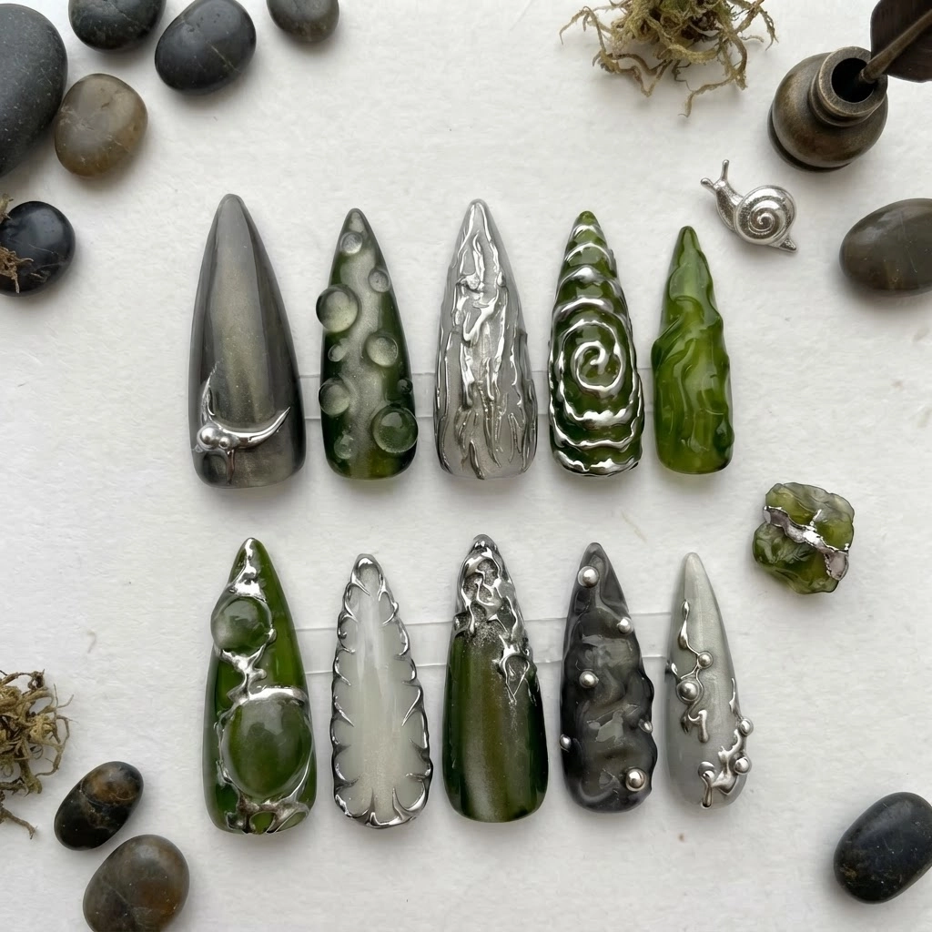 Green Chrome Gothic 3D Metallic, Long Stiletto Nails, Dark Fairycore Gift