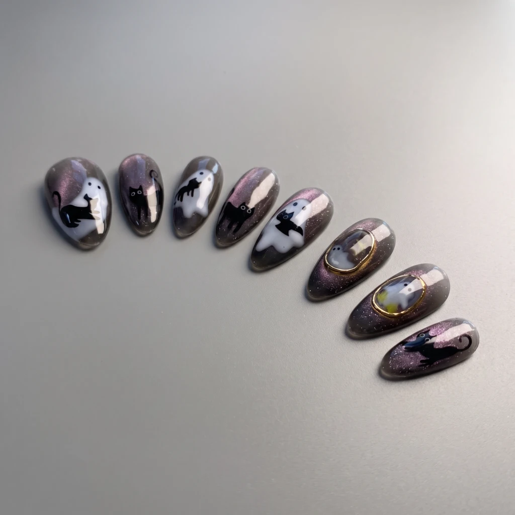 Dark Purple Ghost And Black Cat, Almond Press On Nails, Cute Halloween Party