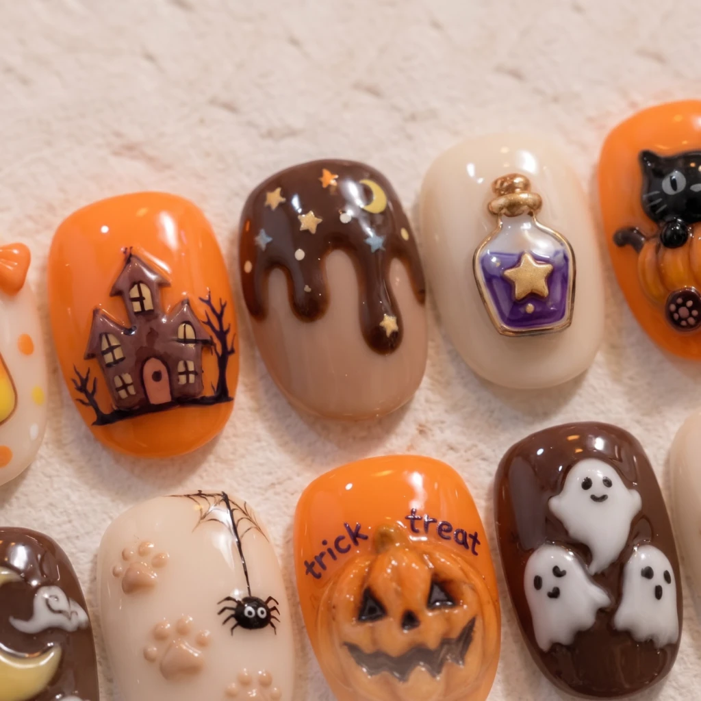 Orange And Brown 3D Ghost Pumpkin Art, Press On Nails, For Halloween Party
