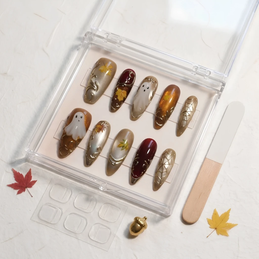 Burgundy And Gold Ghost Charm, Stiletto Press On Nails, Fall Halloween Party