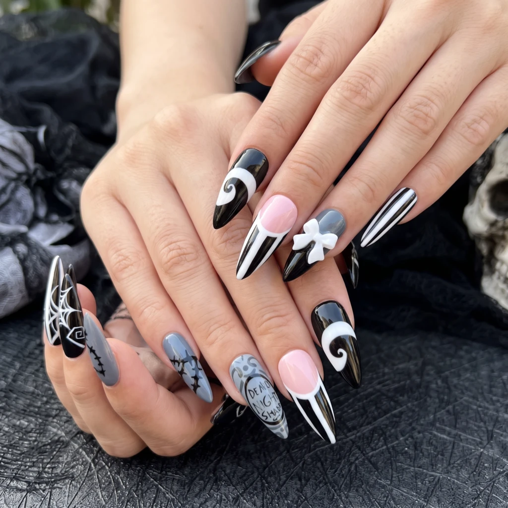 Black And White Deadly Nightshade Art, Long Stiletto Nails, Halloween Cosplay